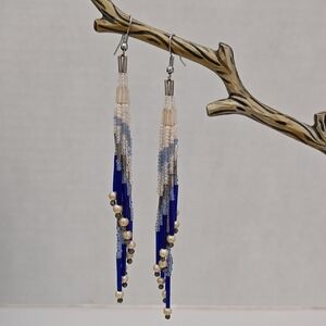 Vntg Blue, White, and Silver Beaded Earrings EUC 4.5" Long